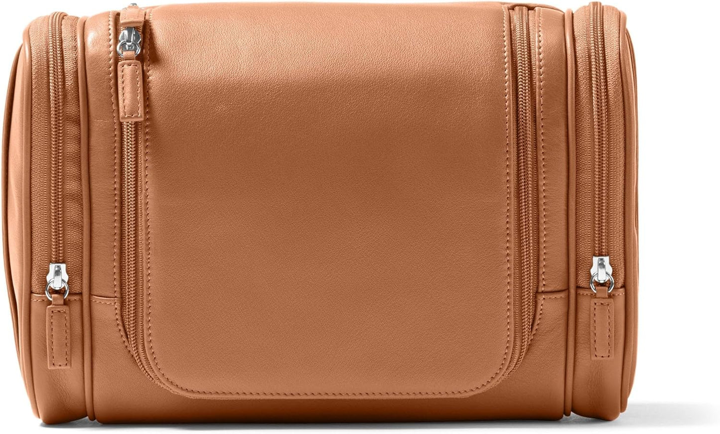 Leatherology Cognac Hanging Toiletry Kit - Double zip closure, 2 exterior side zipper pockets, water-resistant lining
