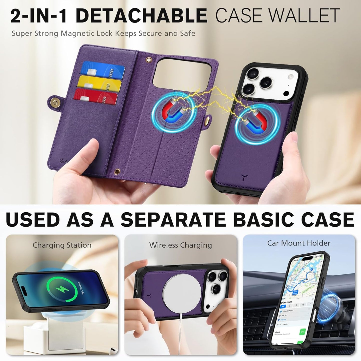 TUCCH Removable Crossbody Wallet Case for iPhone 17 Pro 6.3", RFID Blocking 9 Card Holders, Lanyard, Wrist Strap, Wireless Charging, Stand, Zipper Pocket, PU Leather, Magnetic Flip Cover, Deep Purple