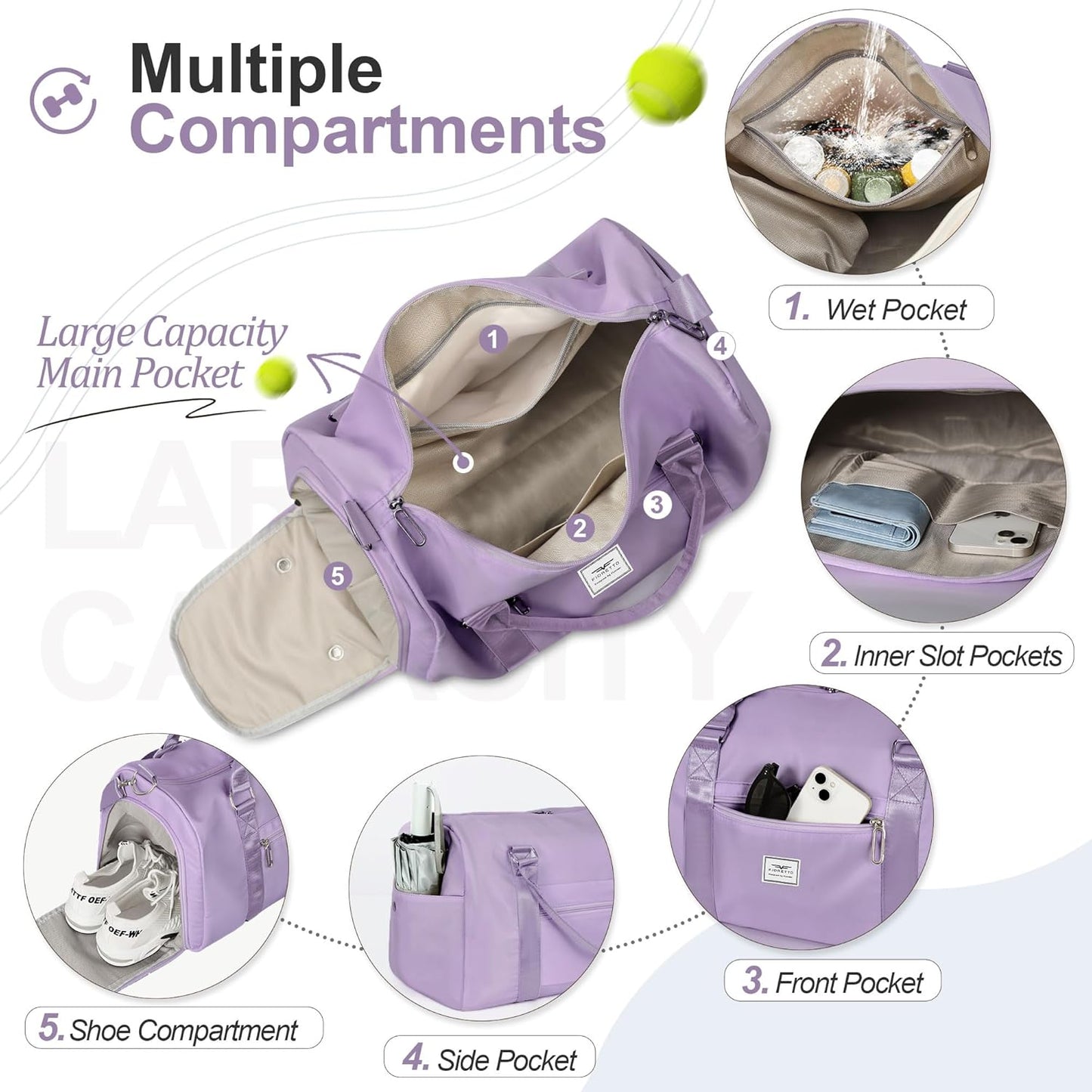 FIORETTO Womens Gym Tote Duffle Bag with Wet Pocket & Shoe Compartment, Sports Duffel Overnight Weekender Hospital Workout Carry on Bag for Girls, Ideal for Travel, Swimming, Dance, Ballet Purple