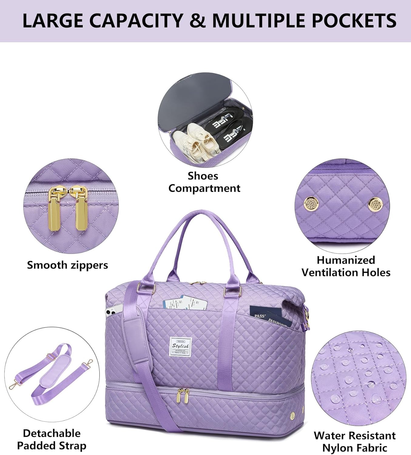 Weekender Bags for Women Duffle Bag - Travel Duffel Bag with Shoe Compartmen Carry on Overnight Bag Gym Duffel Bag with Wet Pocket Hospital Bags for Labor and Delivery Purple