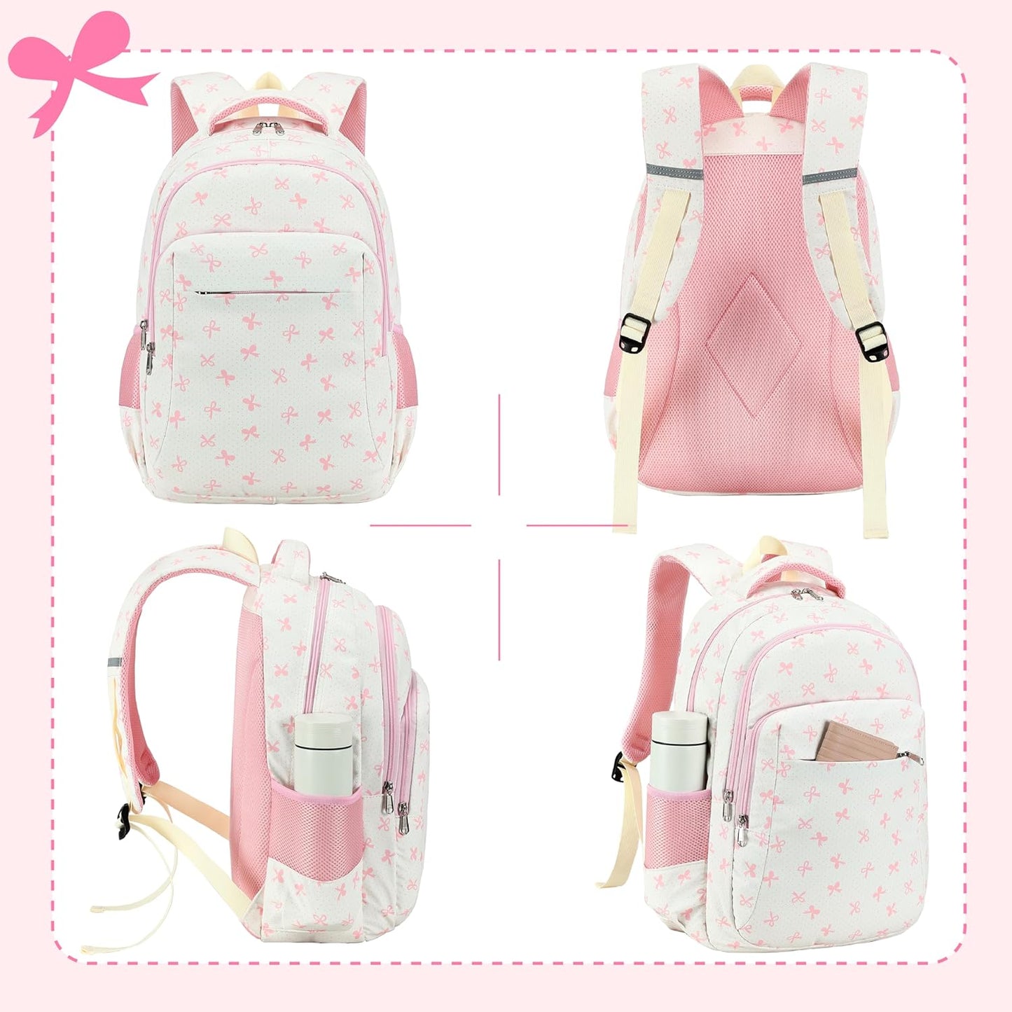 LEDAOU School Backpack for Girls Boys Kids Bookbag Elementary Primary Middle School Bag Travel Back Pack for Ages 6-14 (Pink Bow)