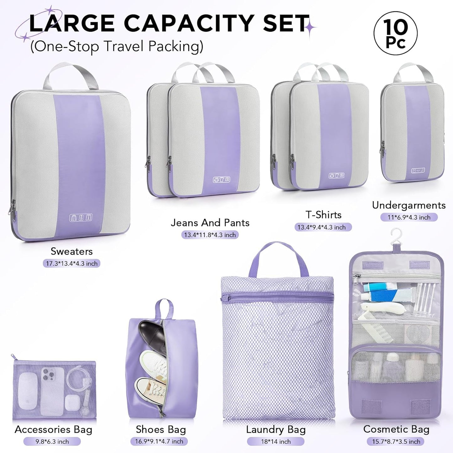 10 Set Compression Packing Cubes for Travel Essentials,Compressible Expandable Packing Cubes for Suitcase,OlarHike Luggage Organizer Bags for Travel,Handy Helper for Organizing Clothes(Purple Gray)