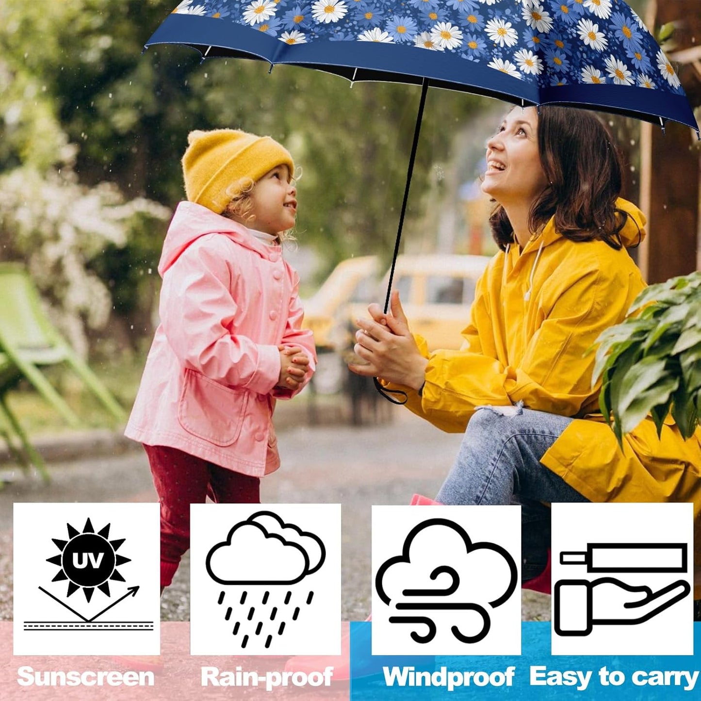 Small Travel Folding Umbrella for Girl, Portable, UV, SunShade, Compact, Automatic, Rain & Wind