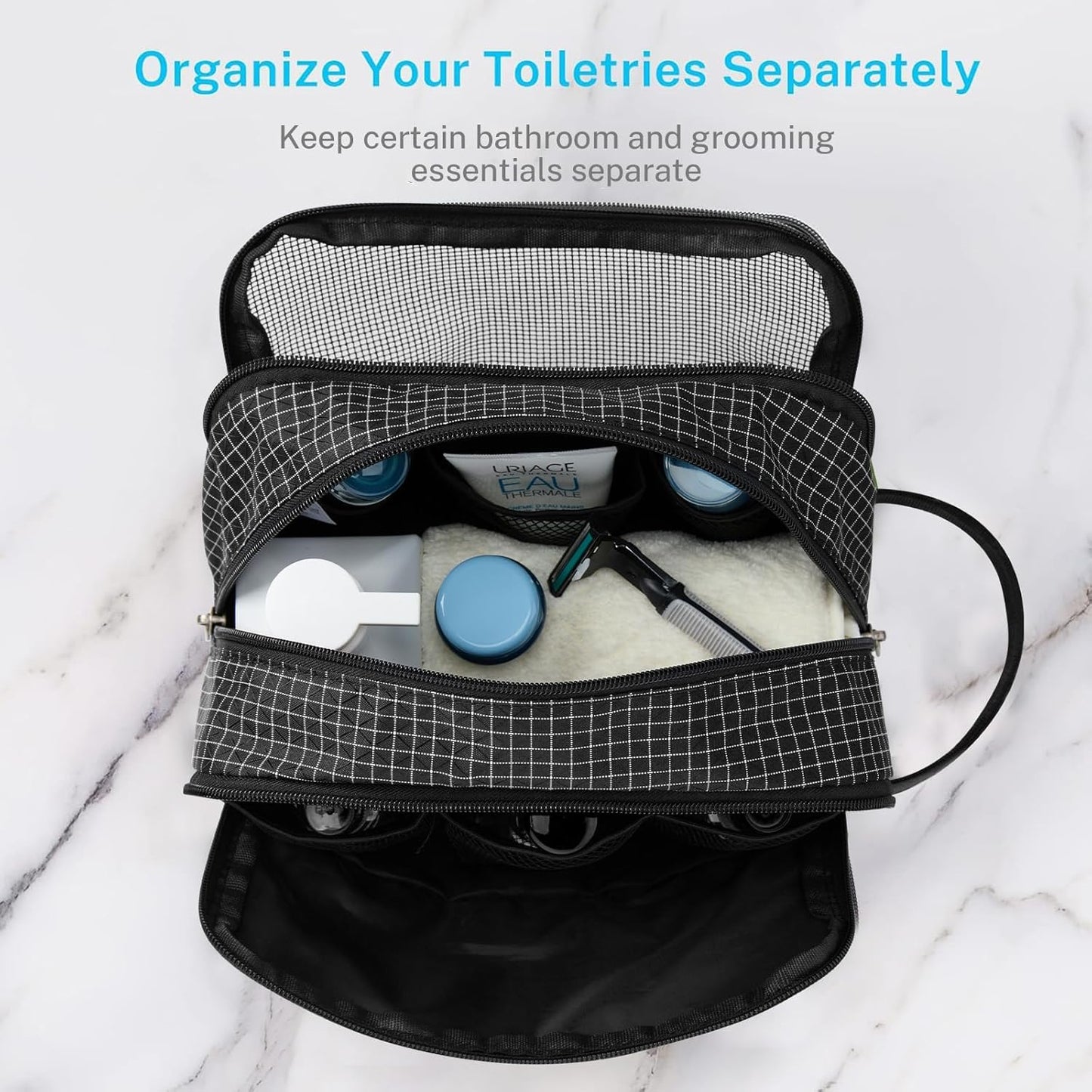Gonex Travel Toiletry Bag Nylon, Shaving Bag Toiletry Organizer Check Patten (Black)