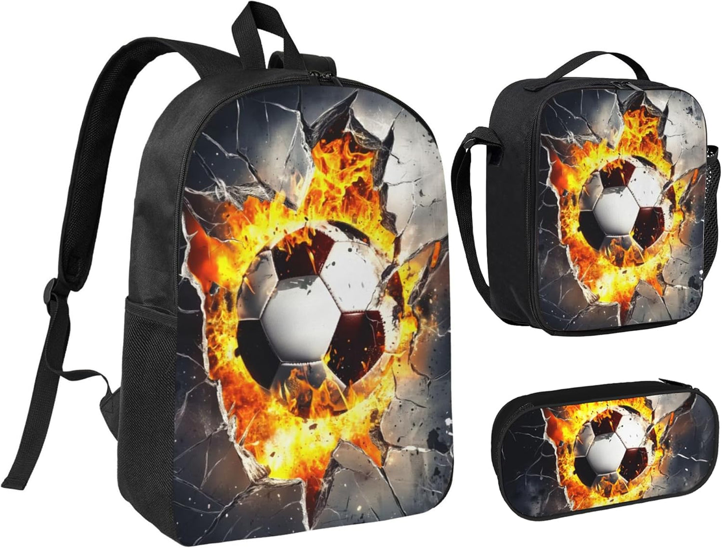 Soccer Kid Backpack Set with Lunch Bag & Pencil Case Large Capacity School Bag 17 Inch Bookbag for Boy Girl