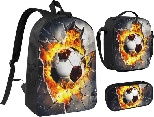 Soccer Kid Backpack Set with Lunch Bag & Pencil Case Large Capacity School Bag 17 Inch Bookbag for Boy Girl
