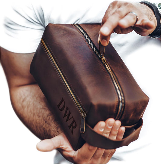 Mens Waterproof Toiletry Bag – Crafted in USA – Ideal Gift for Husband, Dad, Groomsmen, Boyfriend & Friend – Genuine Leather Toiletry Bag Customized Name or Initials – Personalized Travel Bag for Men