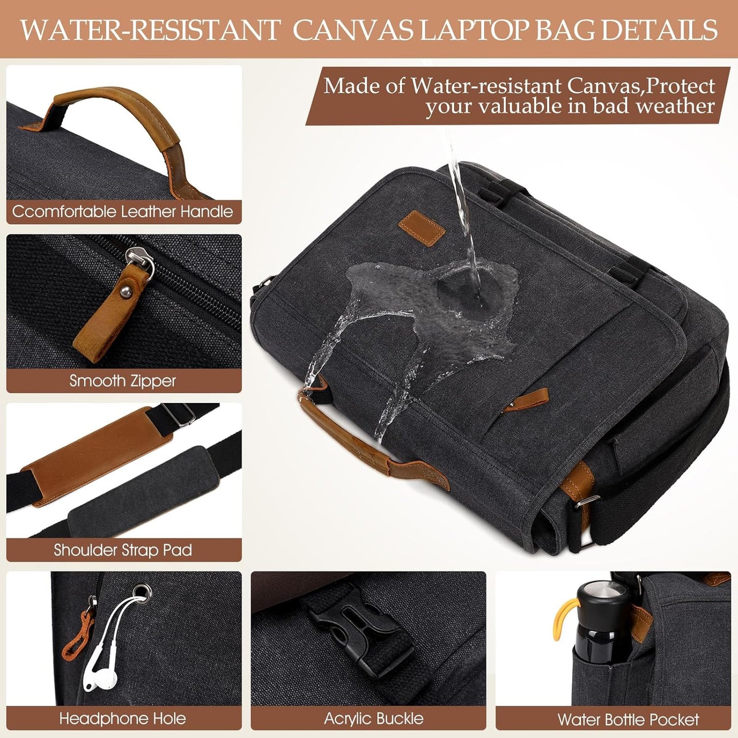 17.3 Inch Messenger Bag for Men: 2PCS Laptop Bag PU Leather Canvas Work Briefcase Large Office