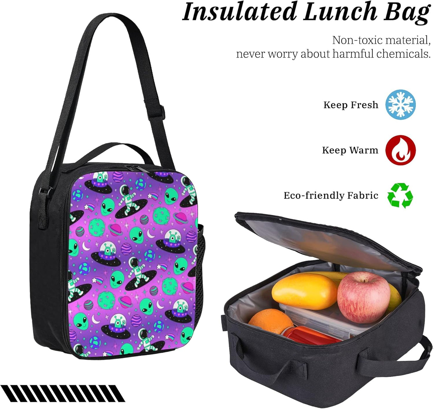 Alien Space Kid Backpack Set with Lunch Bag & Pencil Case Large Capacity School Bag 17 Inch Bookbag for Boy Girl