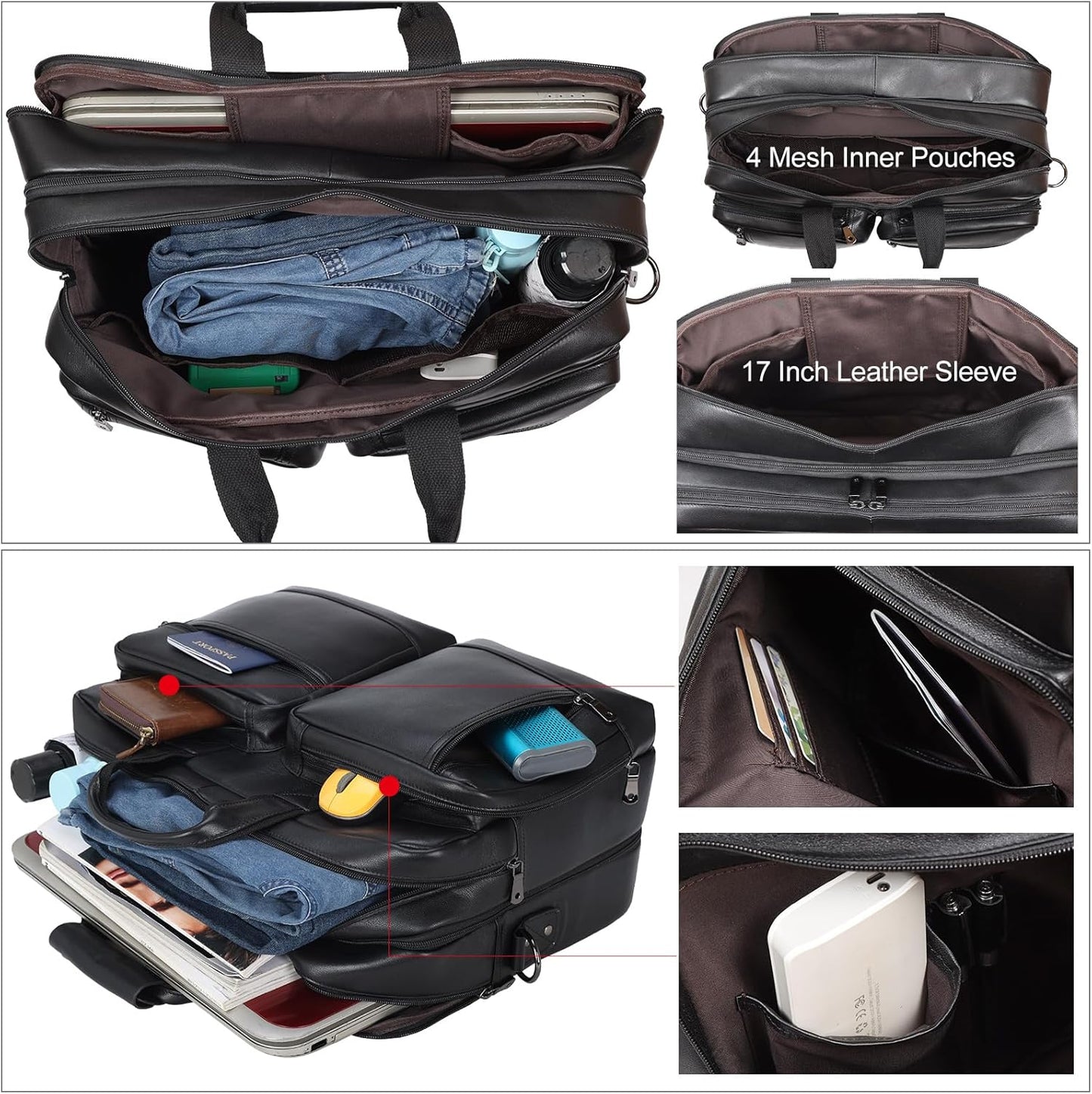 Leather Briefcase for Men Expandable Large 17 Inch Laptop Crossbody Shoulder Bag Business Travel Duffel Attache Case