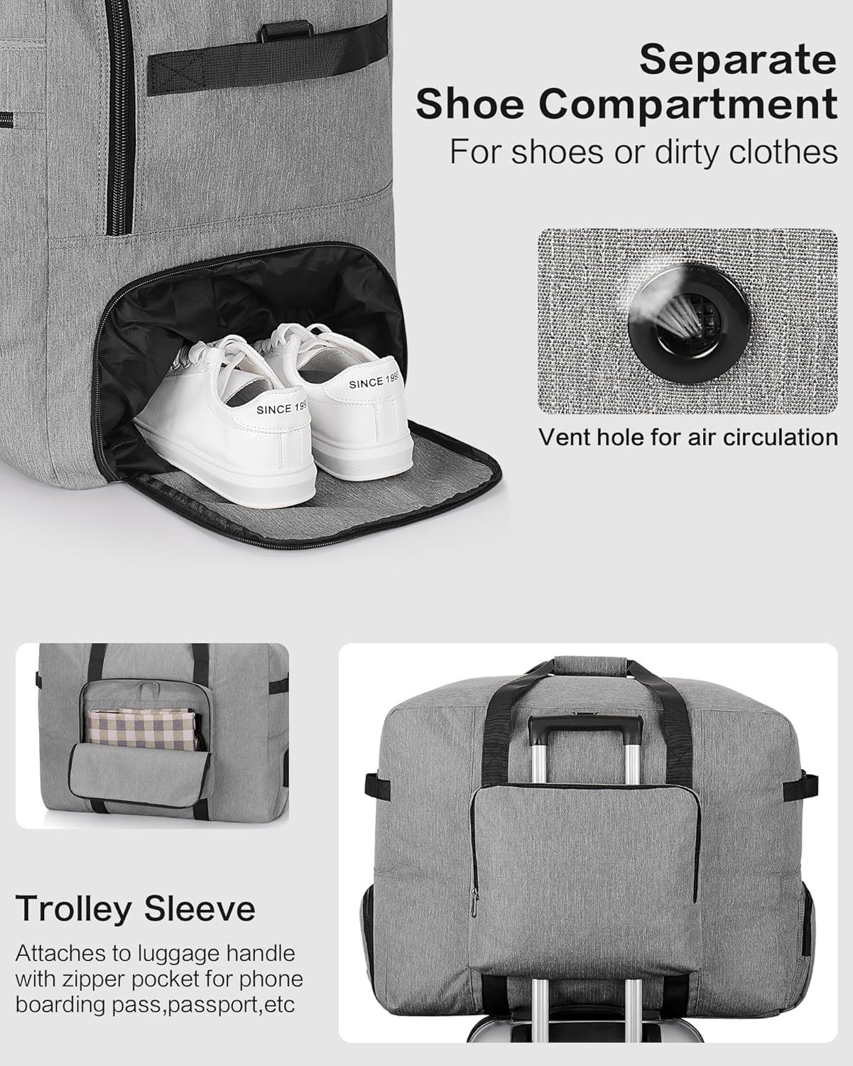 120L Foldable Large Travel Duffle Bag for Men and Women, Packable Duffel Bags with Shoe Compartment, Water Repellent & Tear Resistant (Gray)