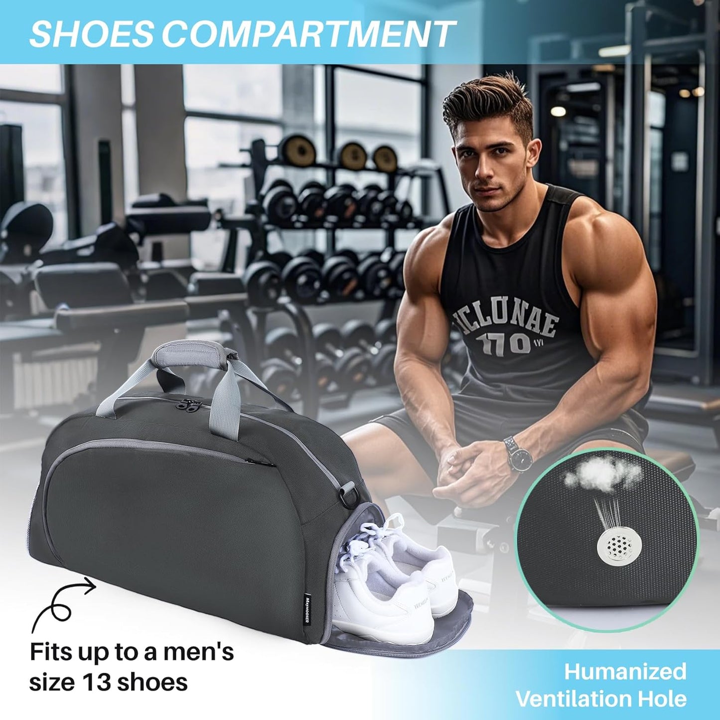 Pickleball Bag with Shoes Compartment & Wet Pocket for Men Women,Water Resistant Sport Gym Bag Small Travel Duffel Weekender Overnight Bags,Dark Grey