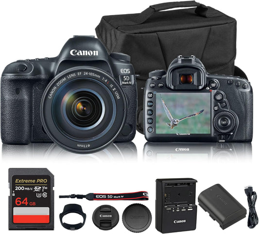 Canon EOS 5D Mark IV DSLR Camera with EF 24-105mm f/4L is II USM Lens | Full-Frame 30.4MP, 4K Video, Dual Pixel CMOS AF | Professional Photography Kit (1483C010) + Canon Shoulder Bag + 64GB Card