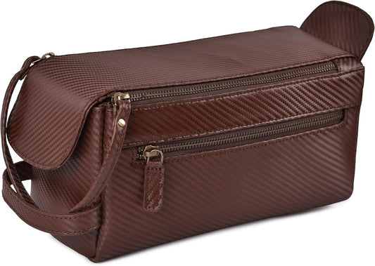 LEATHER VILLAGE Premium Carbon Fiber Genuine Leather Travel Toiletry Bag - Large Compact Dopp Kit, Water-Resistance Shaving & Cosmetic Organizer for Men & Women - Brown