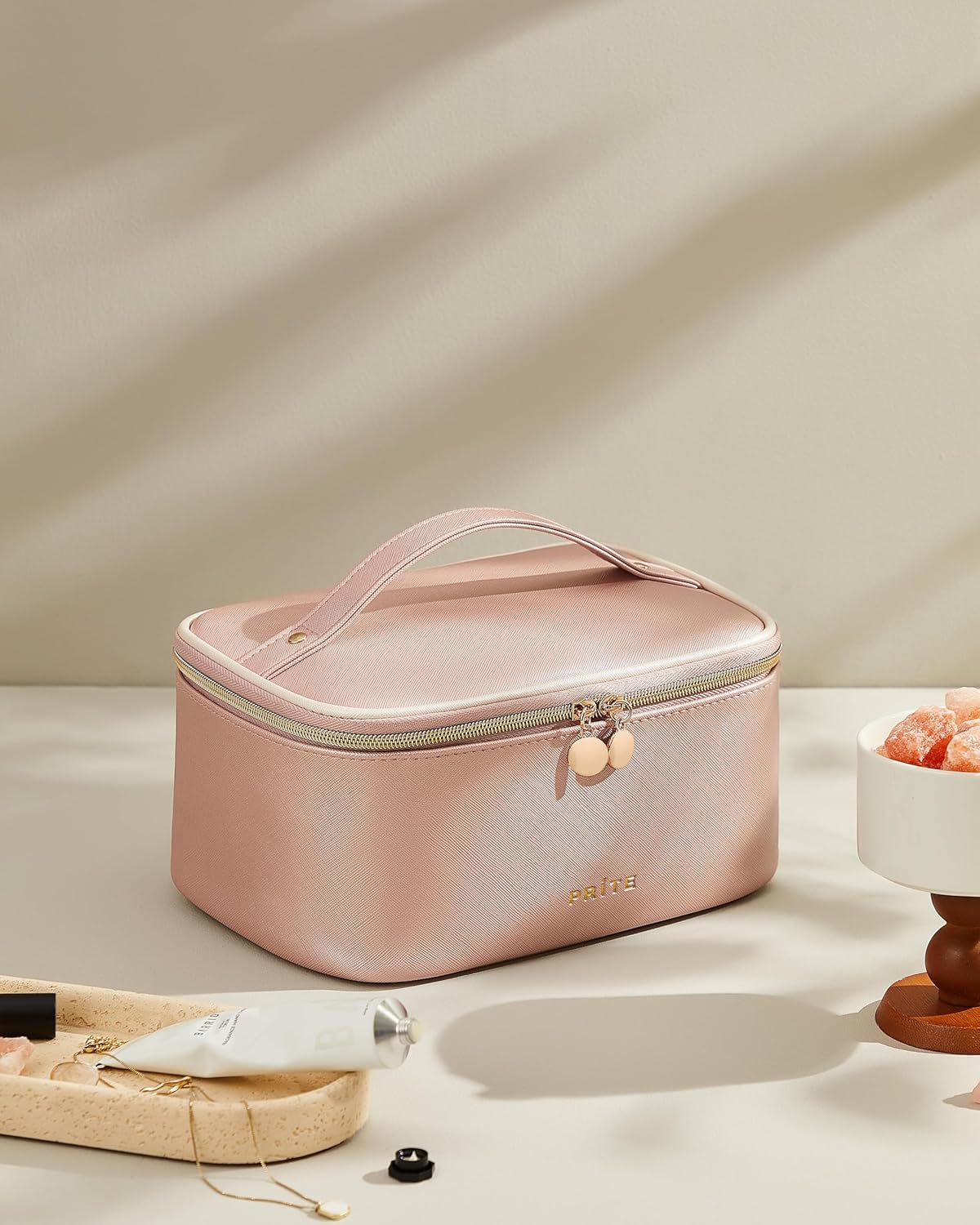 Prite Makeup Bag Portable Cosmetic Organizer with Brush Holder Waterproof Travel Toiletry Bag for Women with Handle and Divider (Pearl Pink)