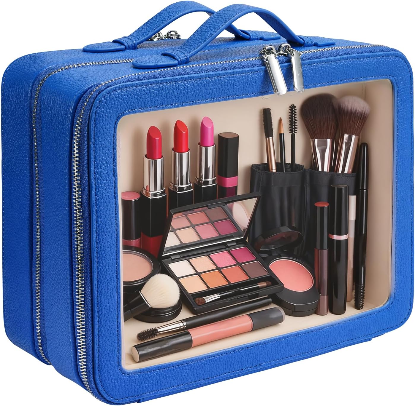 Clear Makeup Bag,Large Toiletry Case for Women,PU Leather Travel Cosmetic Bag,Detachable Makeup Case,Double Compartment Make up Organizer