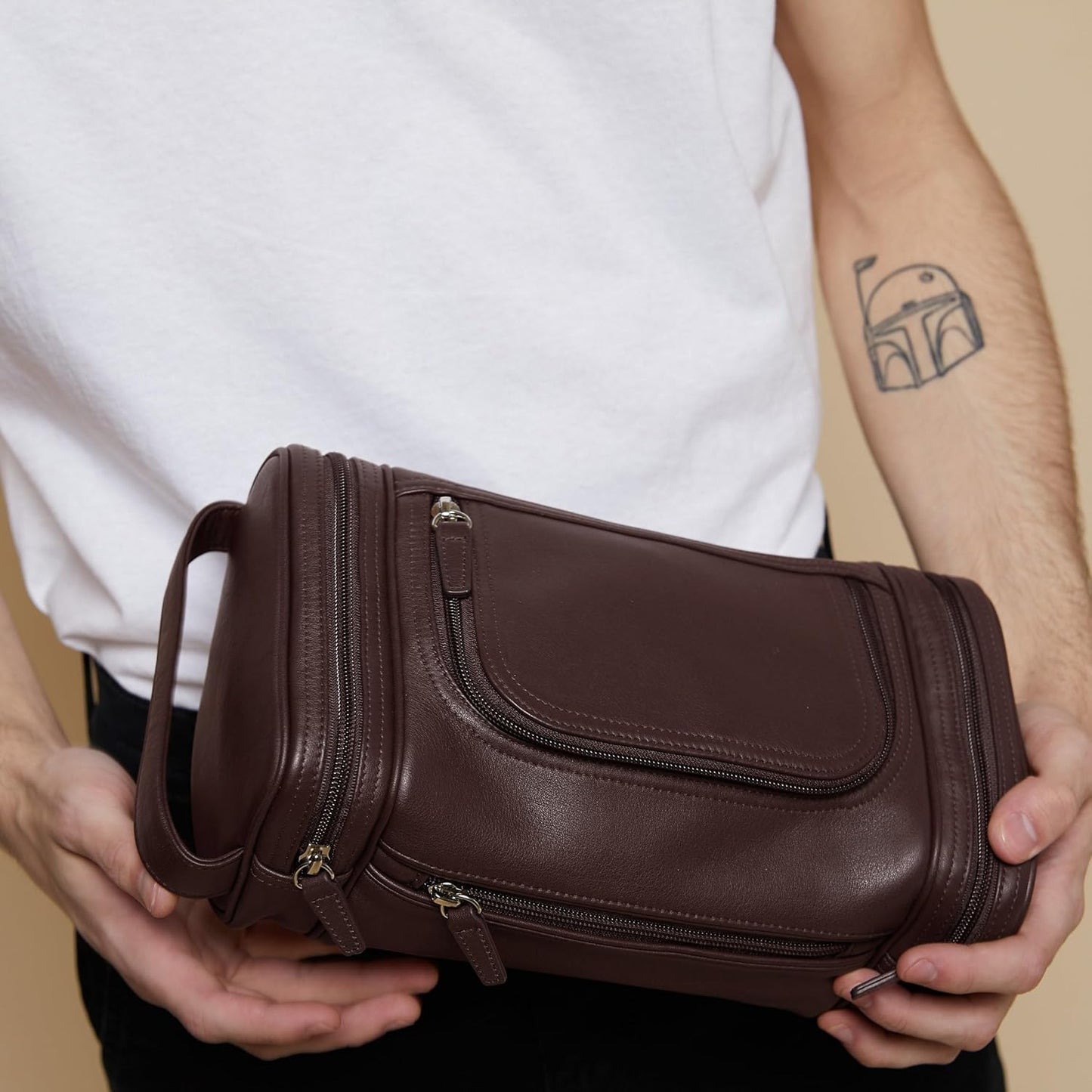 Leatherology Brown Multi Pocket Toiletry Bag - Main top zippered compartment with additional side and front zippered pockets