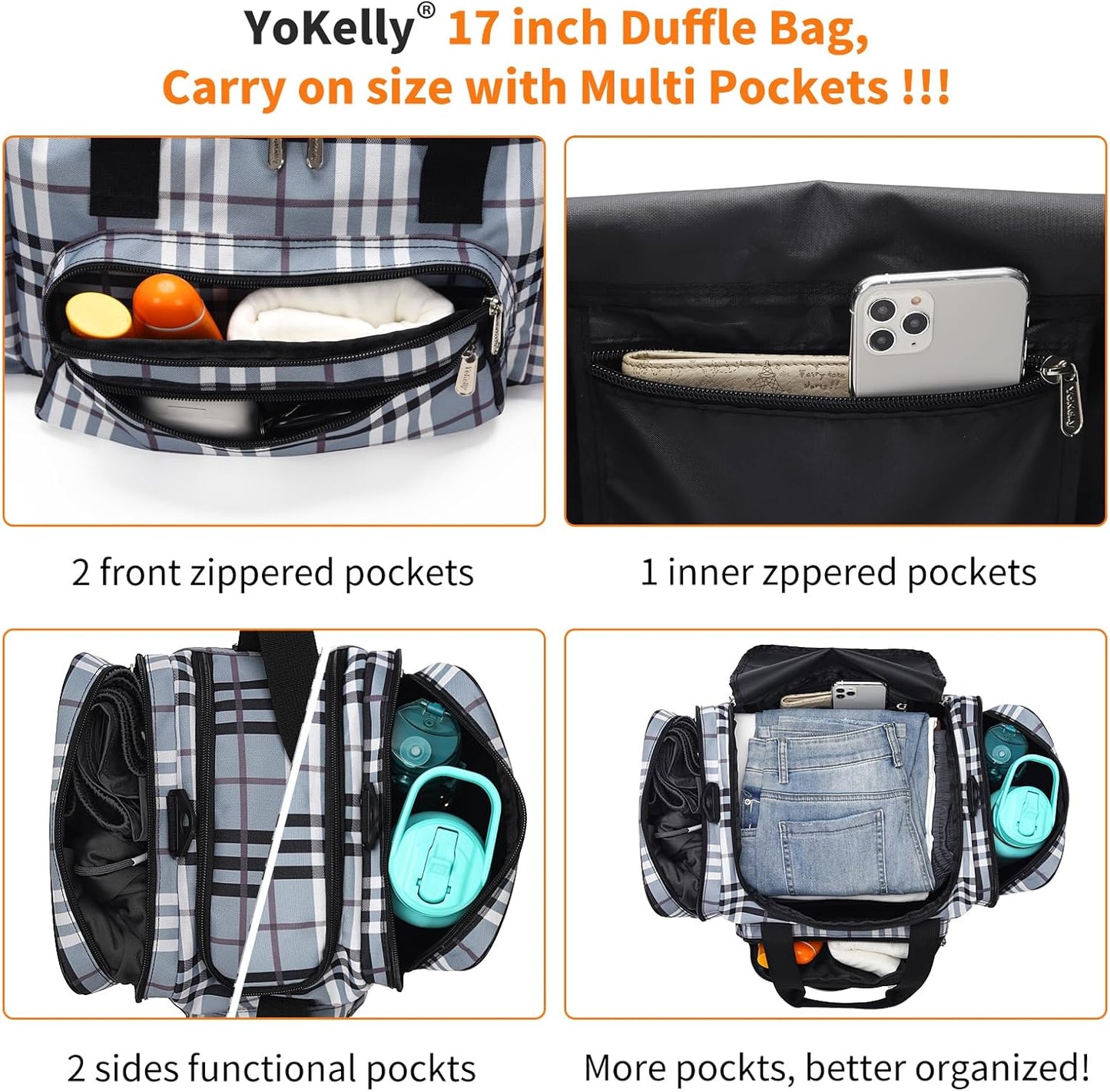 17 inch Small Duffle Bag - Carry On Weekender Bag for Travel Gym Sport - Gray/White