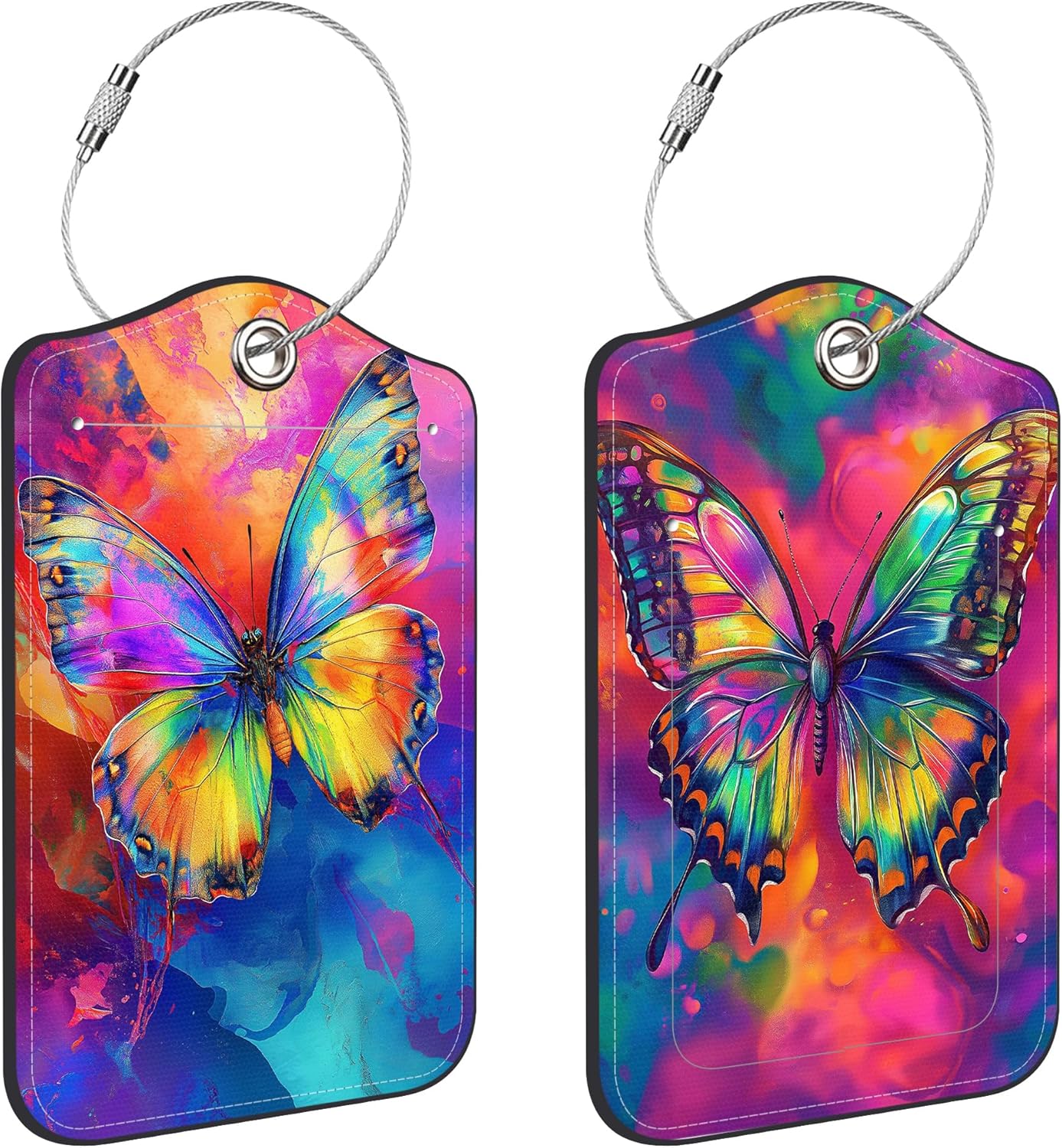 2 Pack Colorful Butterfly Luggage Tags PU Leather Suitcase Tags with Stainless Steel Loop Privacy Cover ID Label for Women Men Travel Bag Accessories