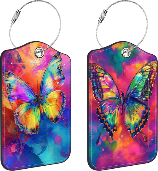 2 Pack Colorful Butterfly Luggage Tags PU Leather Suitcase Tags with Stainless Steel Loop Privacy Cover ID Label for Women Men Travel Bag Accessories