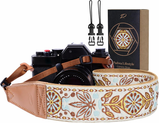 Padwa Lifestyle Camera Strap - 2" Full Grain Leather Ends Camera Straps for Photographers, Vintage Embroidered Cotton Weave Soft Suede Fabric Padded Strap Quick Release fits All Cameras