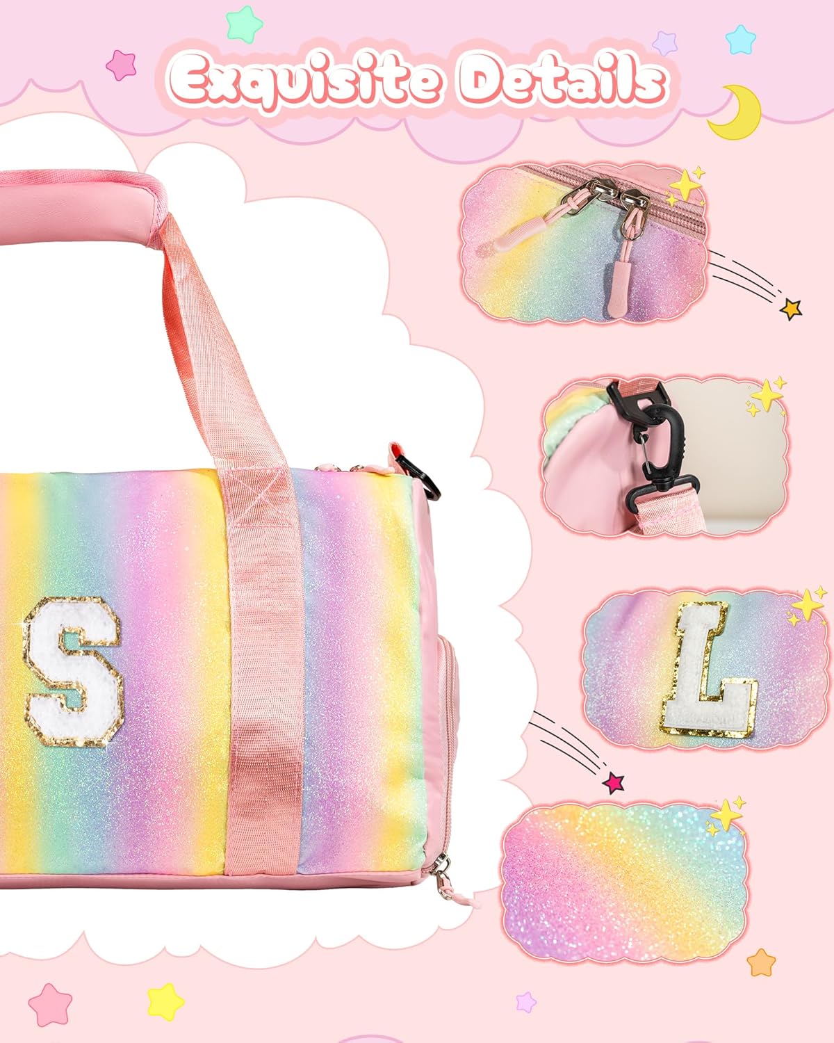 Christmas Gifts for Girls-Girl Gym Bag with Shoe Compartment, Kid Personalized Weekender Overnight Bags, Initial Travel Tote with Makeup Pouch, Gift for 3 4 5 6 7 Year Old Kids (Letter T)