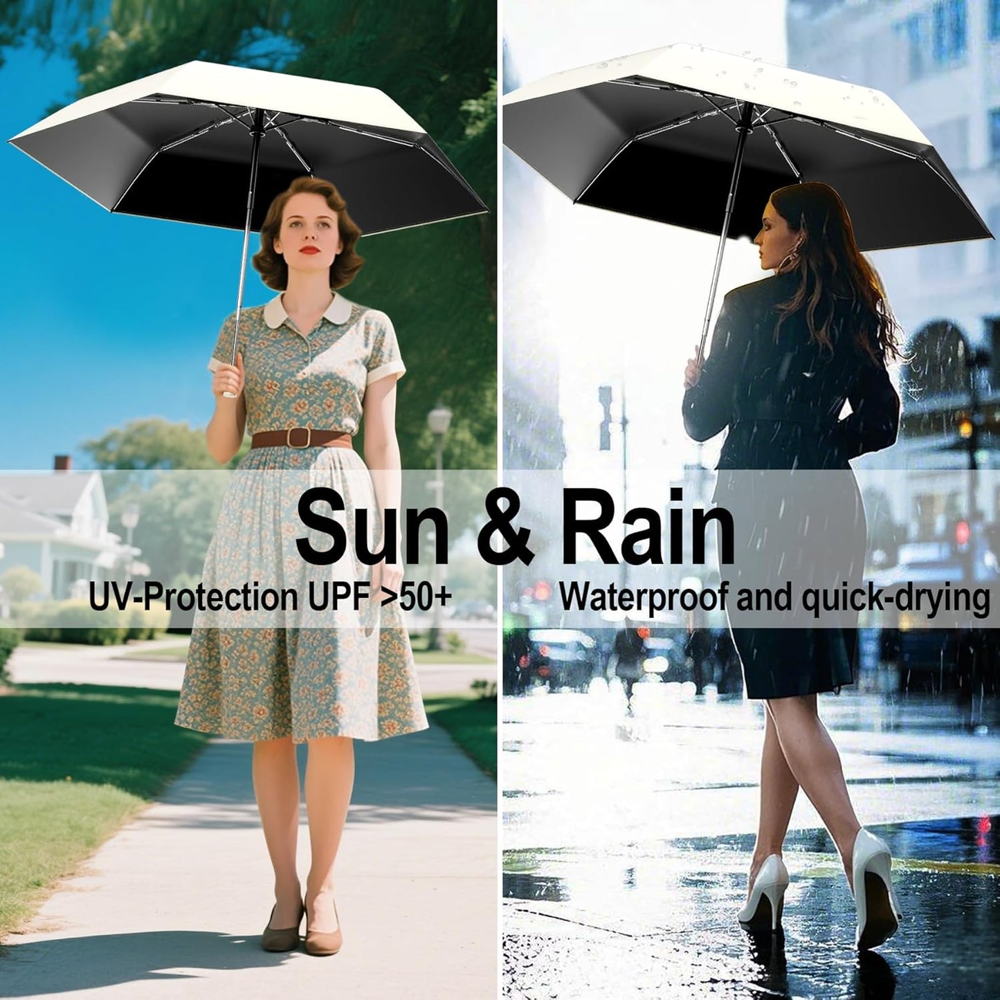 Automatic Mini Travel Windproof Folding Umbrella - UV Protection, Instant Open/Close for Rain/Sun, Small Compact Lightweight Design Fits in Tote Bag/Travel Case/Backpack for Commute, Women & Men