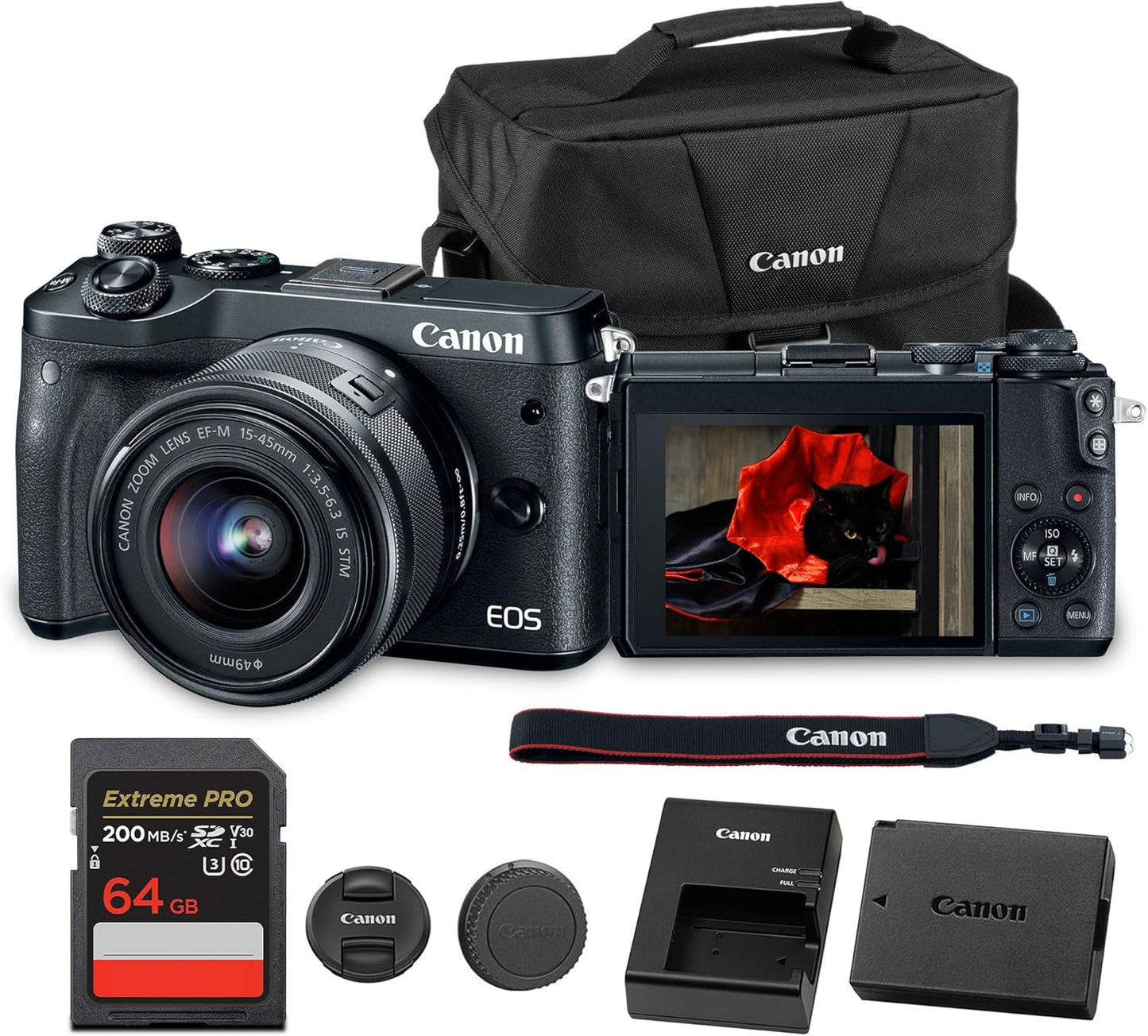Canon EOS M6 Mirrorless Digital Camera with 15-45mm Lens | 24.2MP APS-C Sensor, Dual Pixel AF & Full HD Video | Travel & Vlogging Camera (1724C011) + Canon Shoulder Bag + 64GB Memory Card