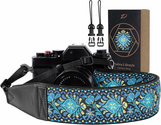 Padwa Lifestyle Camera Strap - 2" Full Grain Leather Ends Camera Straps for Photographers, Vintage Embroidered Cotton Weave Soft Suede Fabric Padded Strap Quick Release fits All Cameras