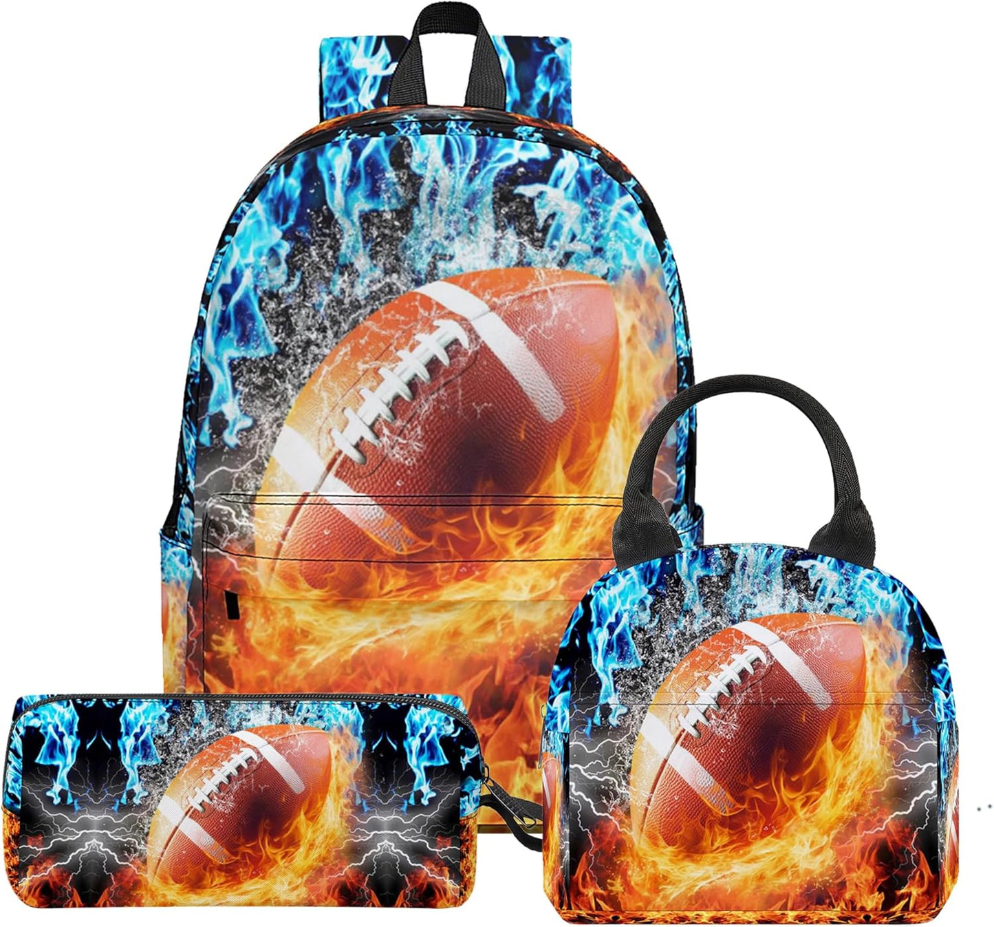 3PCS Football Backpack Set for Boys, Large Lightweight 17 Inch Backpack with Lunch Bag & Pencil Case for Kids, Back to School Cool Sports Bookbag for Elementary Middle School - Fire