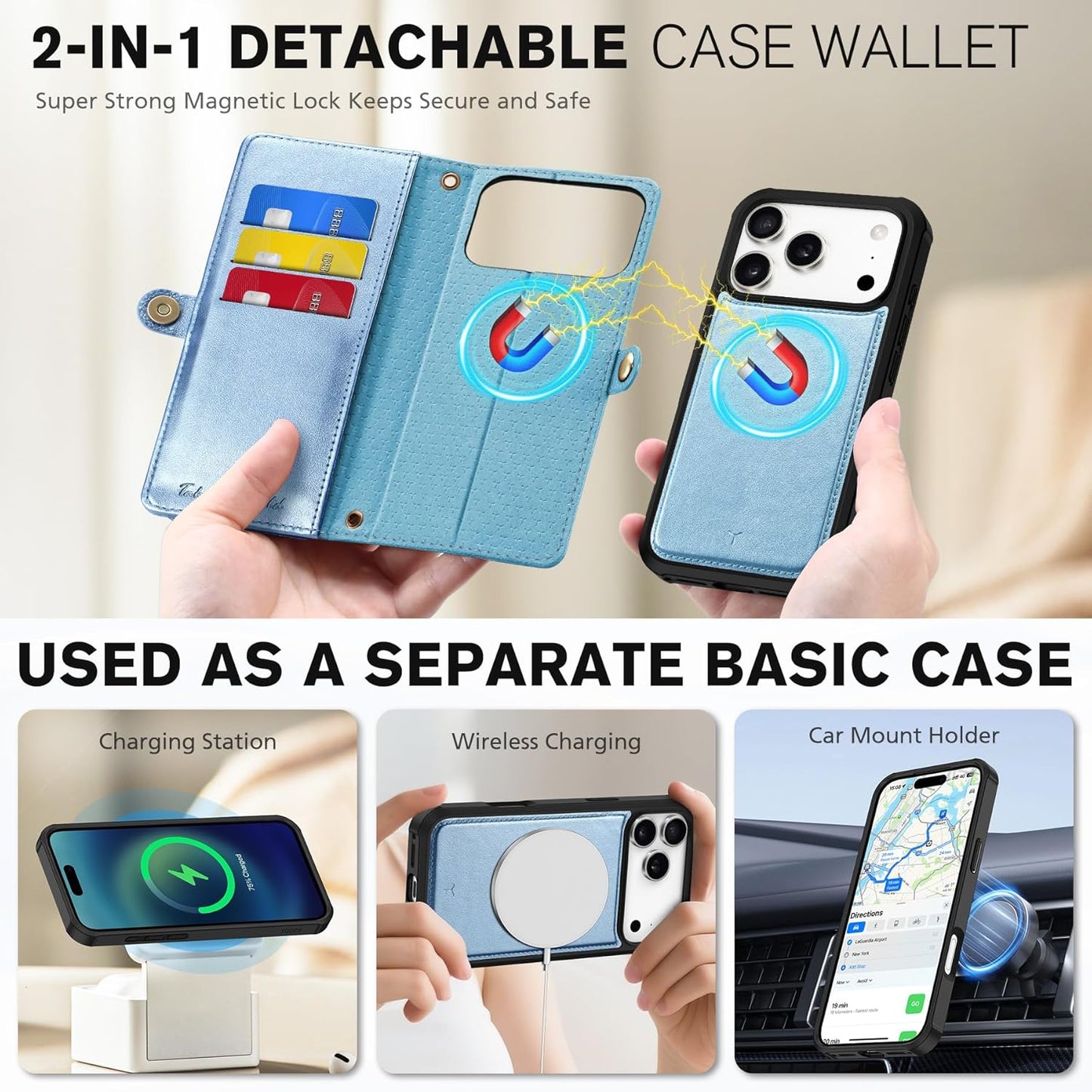 TUCCH Crossbody Detachable Wallet Case for iPhone 17 Pro 6.3" 2025, 9 Card Slots RFID Blocking | Wireless Charging | Wrist Strap Lanyard | Stand | Zipper Pocket | PU Leather Cover | Pearly Light Blue