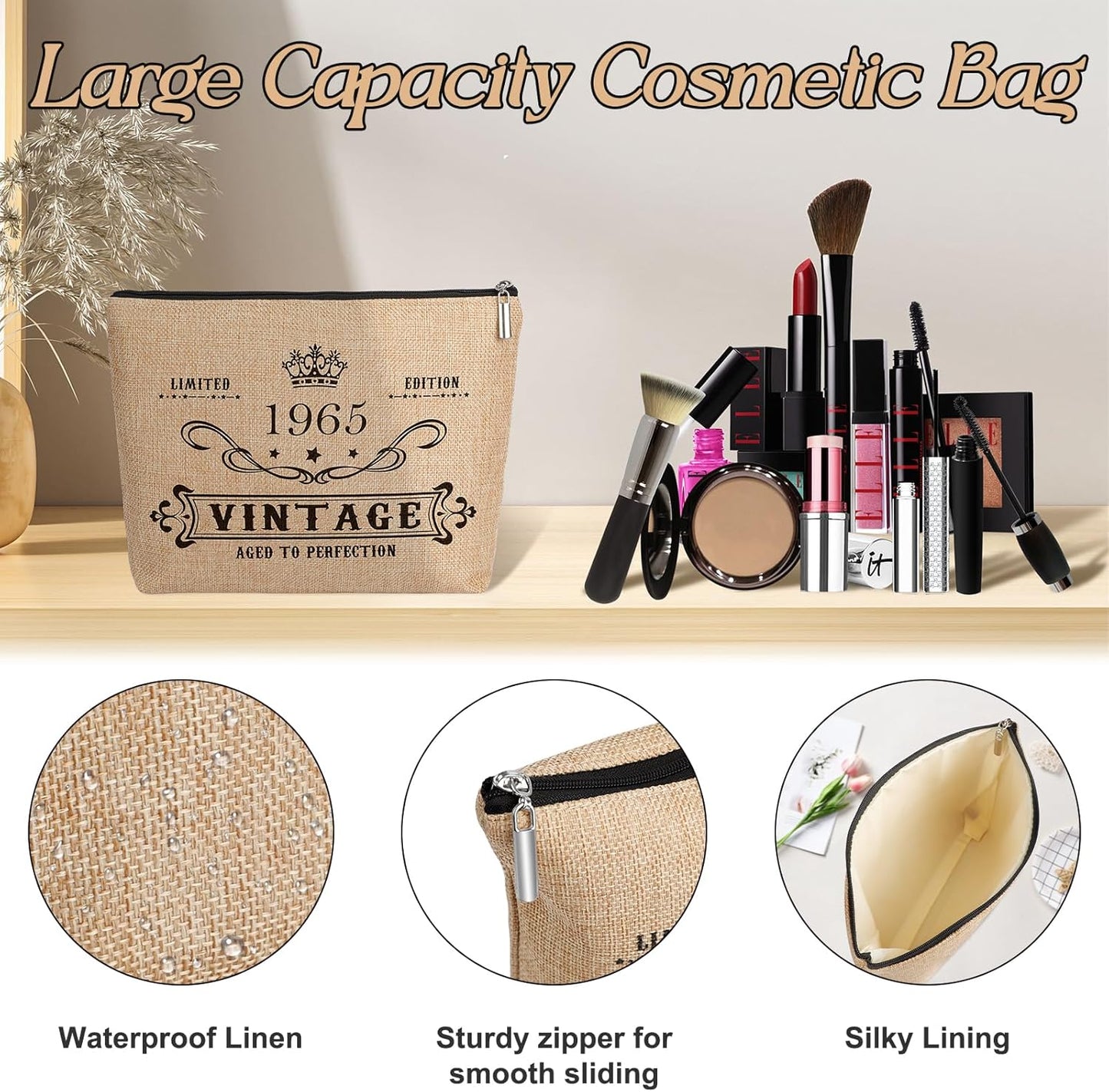 YeohJoy 60th Birthday Gifts for Women Jute Tote Bag, Vintage 1965 Burlap Bag with Cosmetic Bag and Back in 1965 Poster, Unique 60 Years Old Gifts for Mom Friends Wife Sister Her