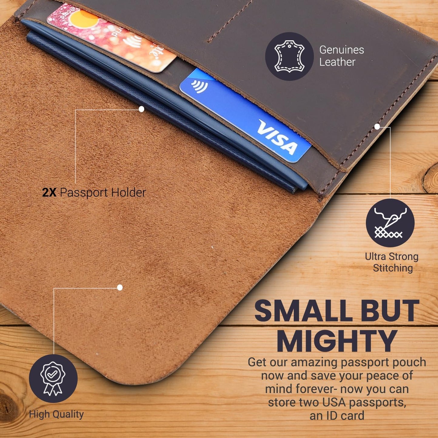 Leather Passport Holder with Travel Wallet, Genuine Leather Passport Cover- Passport Wallet, Leather Folding Wallet for Passports (Strap, Dark Brown)