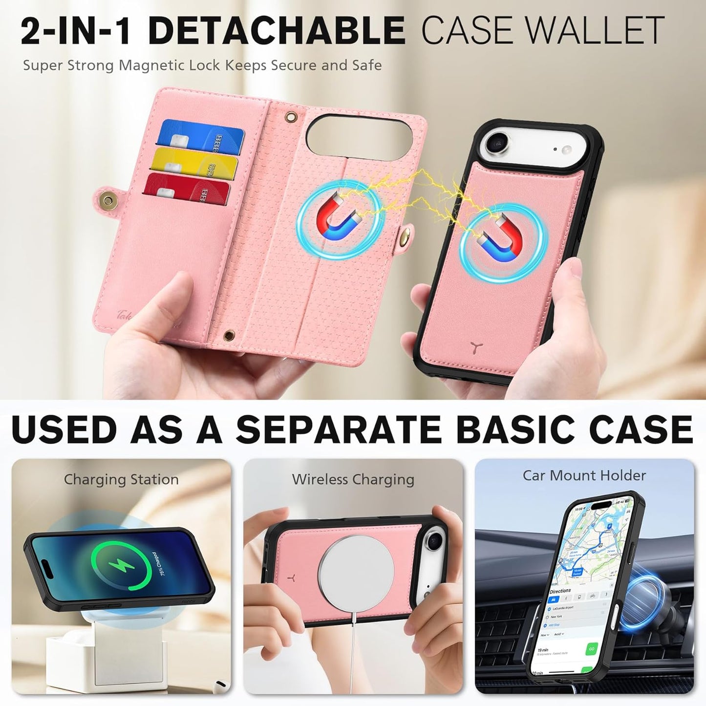 TUCCH Detachable Crossbody Wallet Case for iPhone Air 6.5", 9 Card Slots RFID Blocking | Stand | Lanyard Wrist Strap | Wireless Charging | Zipper Pocket | PU Leather Magnetic Flip Cover | Rose Gold