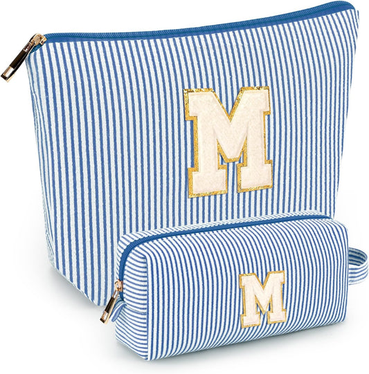 mibasies 2 PCS Initial Makeup Bags: Mothers Day Gifts for Women - Best Friend Birthday Gifts Graduation Gifts Wedding Bridesmaid Girlfriend Wife Daughter Sister Girl Gifts - Blue M