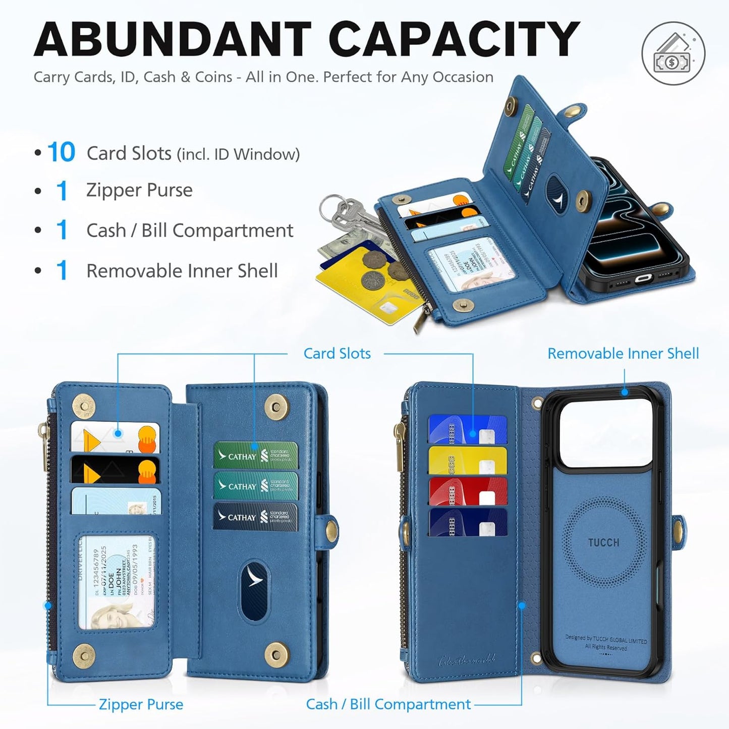 TUCCH Removable Crossbody Case Wallet for iPhone 17 Pro Max 6.9" 2025, Wireless Charging, RFID Blocking 10 Card Slots, Lanyard, Wrist Strap, Zipper Pocket, PU Leather, Stand Magnetic Cover, Light Blue