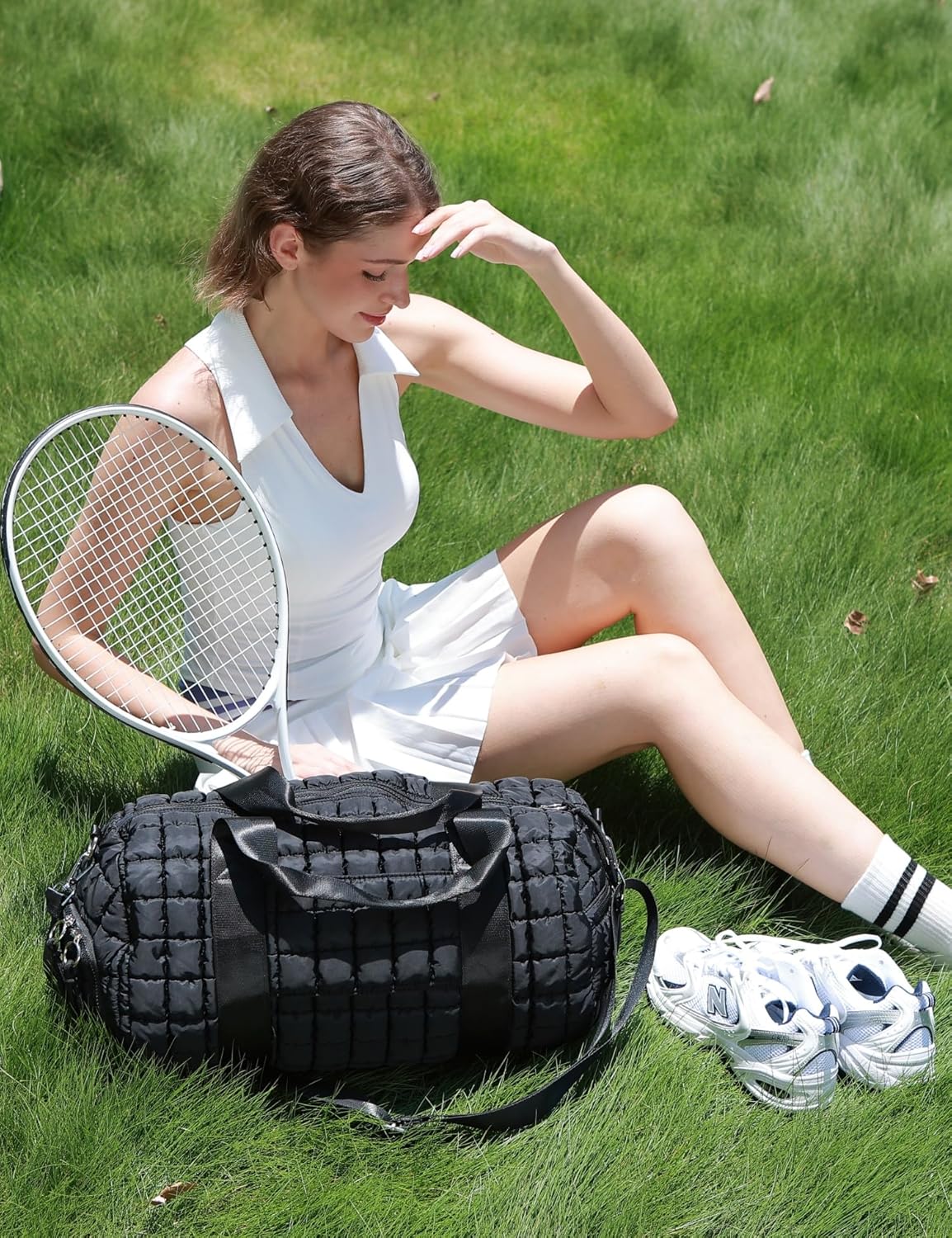 Quilted Duffel Gym Bag for Men and Women Carry On Travel Sport Weekender Bag, Black