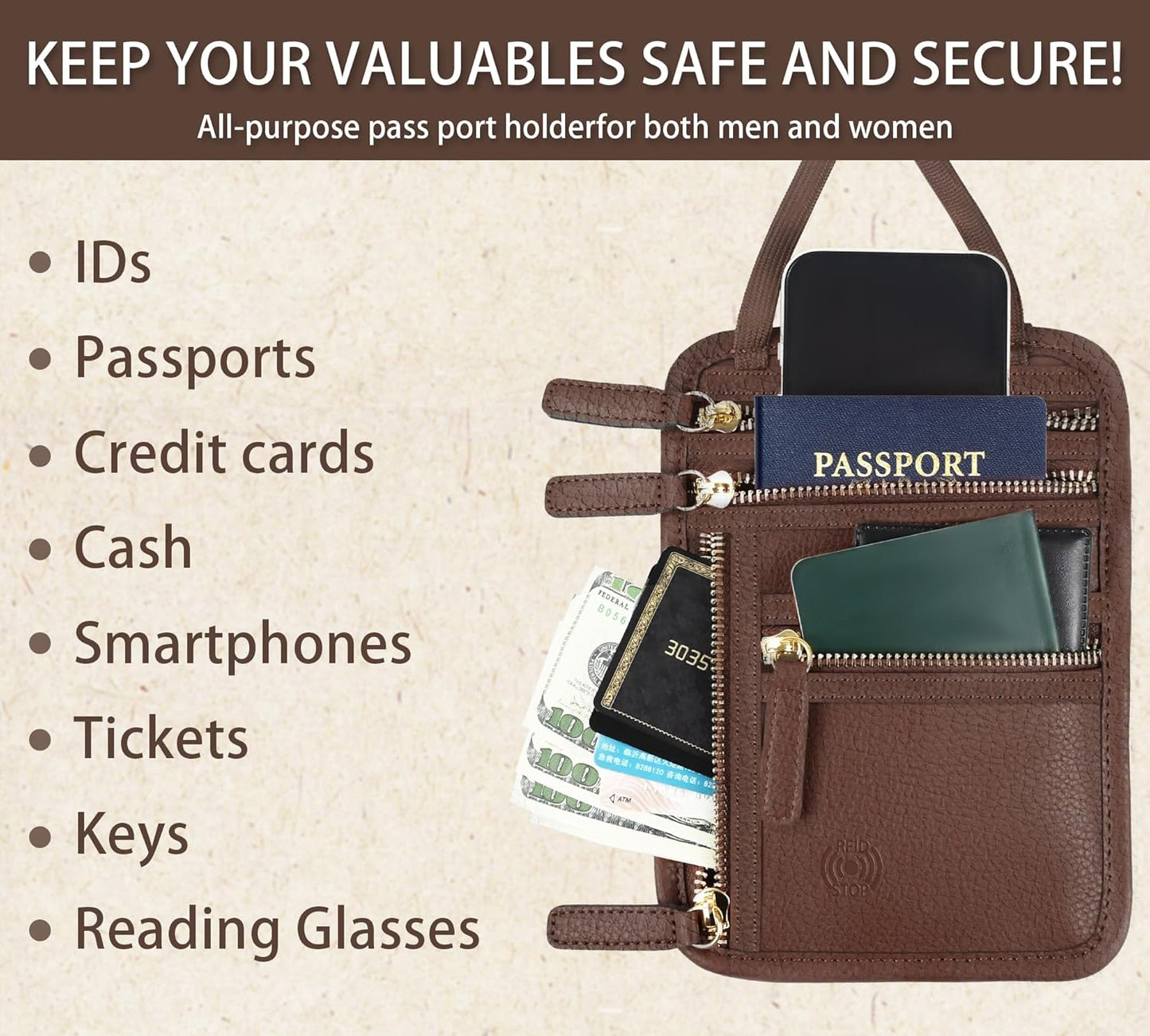 Neck Wallet,Rfid Blocking Passport Holder,Leather Passport Holder For Travel,Neck Wallet For Traveling Women,Travel Pouches Under Clothes(Brown)