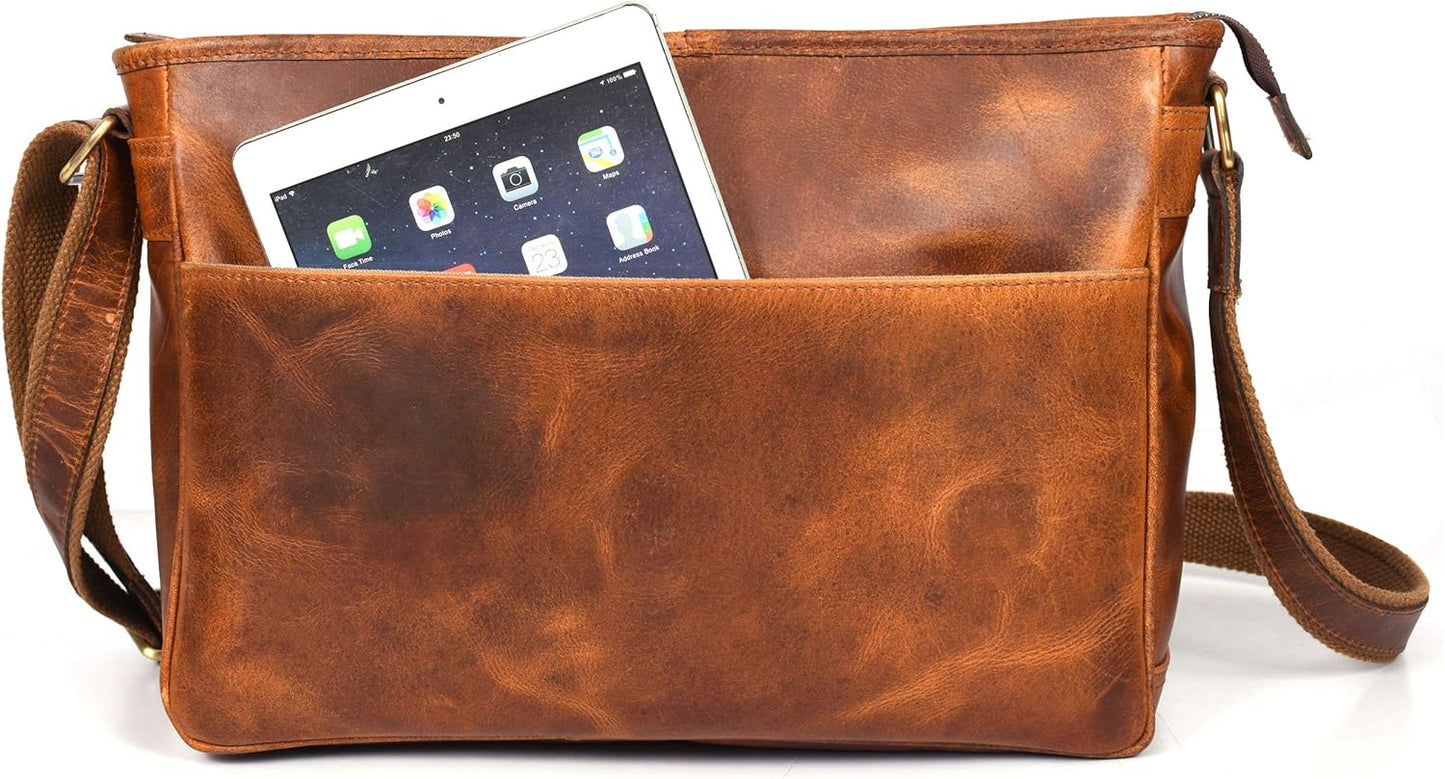 16" Crossbody Bag Leather Laptop Messenger Bag For Men with trolley sleeve for school office (Caramel)