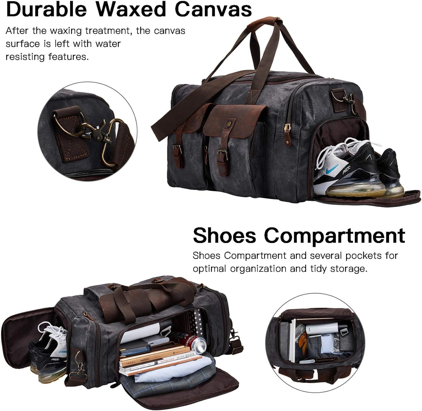 Waxed Canvas Vintage Overnight Duffel Weekend Travel Bag Waterproof For Men Women with Shoes Compartment (Grey)