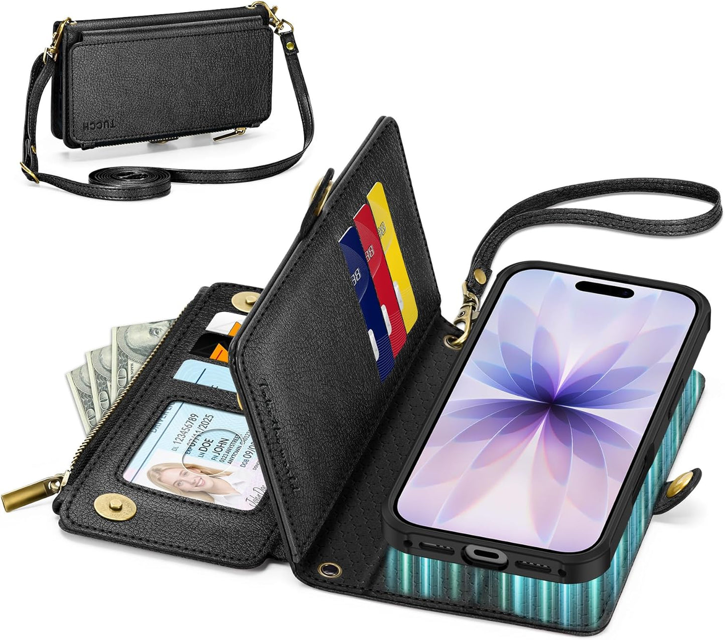 TUCCH Removable Crossbody Case Wallet for iPhone 17 6.3" 2025, 9 Card Slot RFID Blocking, Stand, Lanyard, Wrist Strap, Wireless Charging, Zipper Pocket, PU Leather, Magnetic Flip Cover, Textured Black