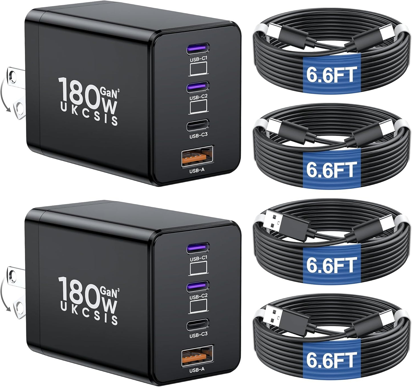 2 Pack 180W USB C Charger Block, Foldable 4-Port GaN Super Fast Charger USB C, Dual 65W Type C Charging Block, Laptop Fast Charging Adapter for MacBook Pro/Air, iPad, iPhone, Samsung Galaxy Black