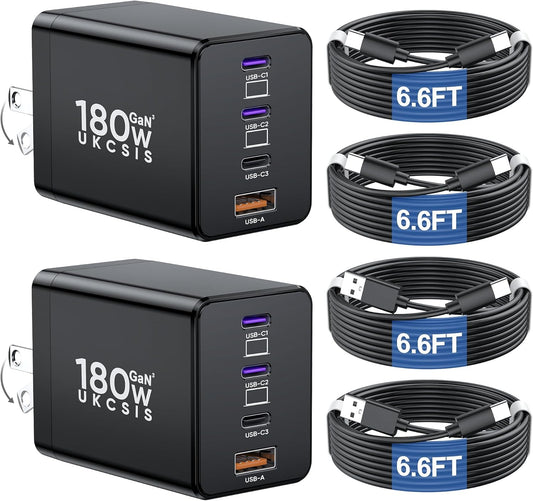 2 Pack 180W USB C Charger Block, Foldable 4-Port GaN Super Fast Charger USB C, Dual 65W Type C Charging Block, Laptop Fast Charging Adapter for MacBook Pro/Air, iPad, iPhone, Samsung Galaxy Black