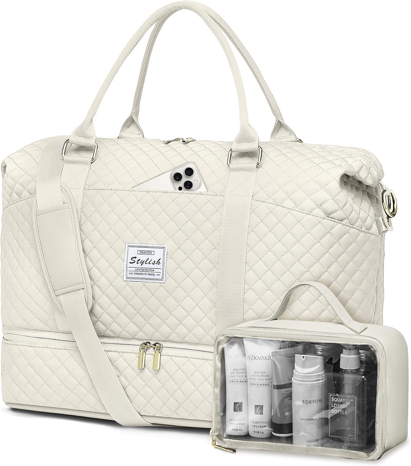 Women Weekender Travel Duffle Bag: Travel Duffel Overnight Bags with Shoe Compartment Large Carry on Tote Bag Toiletry Bag Weekend Yoga Gym Hospital Bags for Labor and Delivery with Wet Pocket Beige