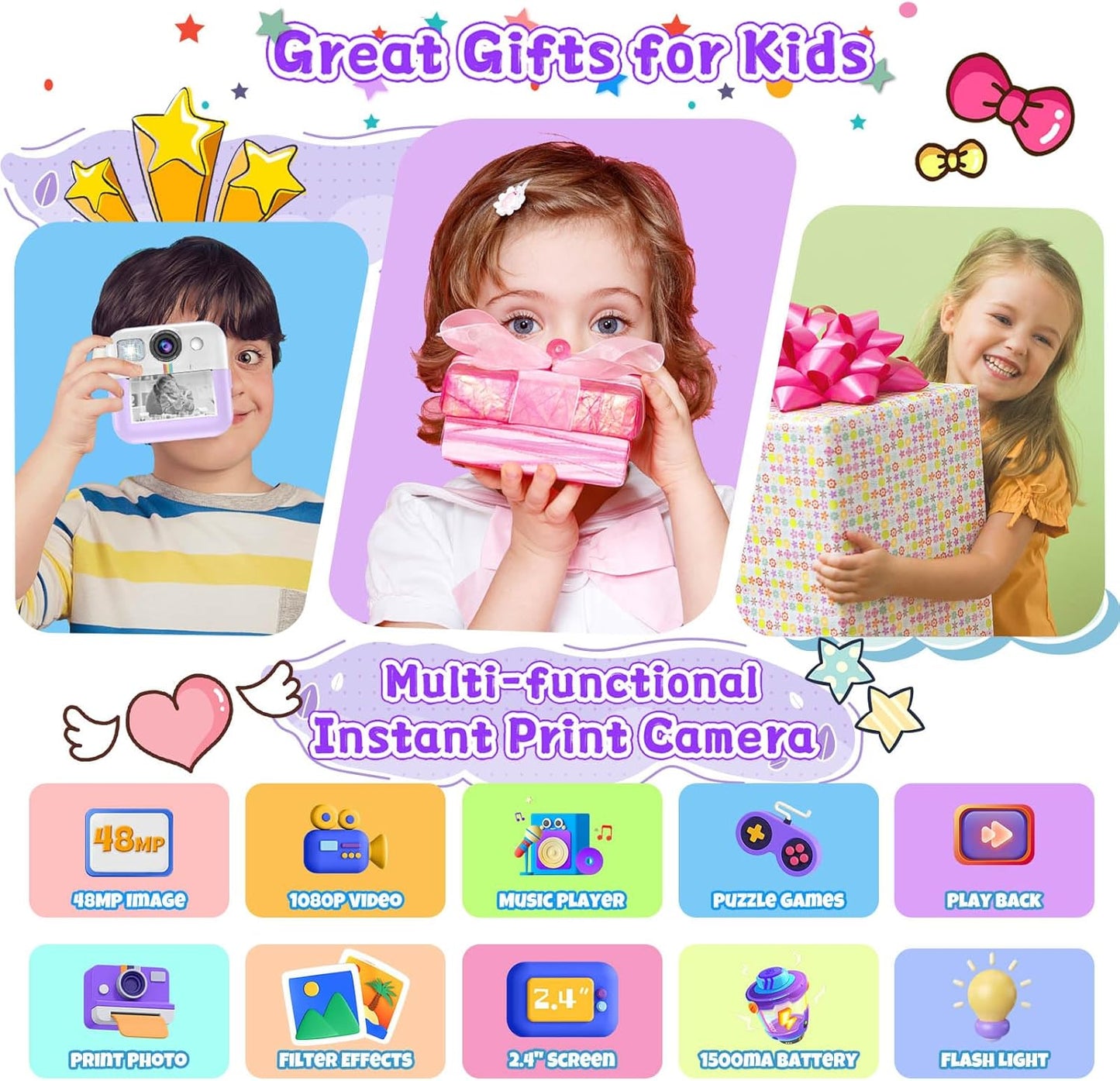 Kids Instant Print Camera, Christmas & Birthday Gift for Girls & Boys, Digital Camera with 32GB Card, 1080P Video, Portable Purple Toy for Ages 3-10