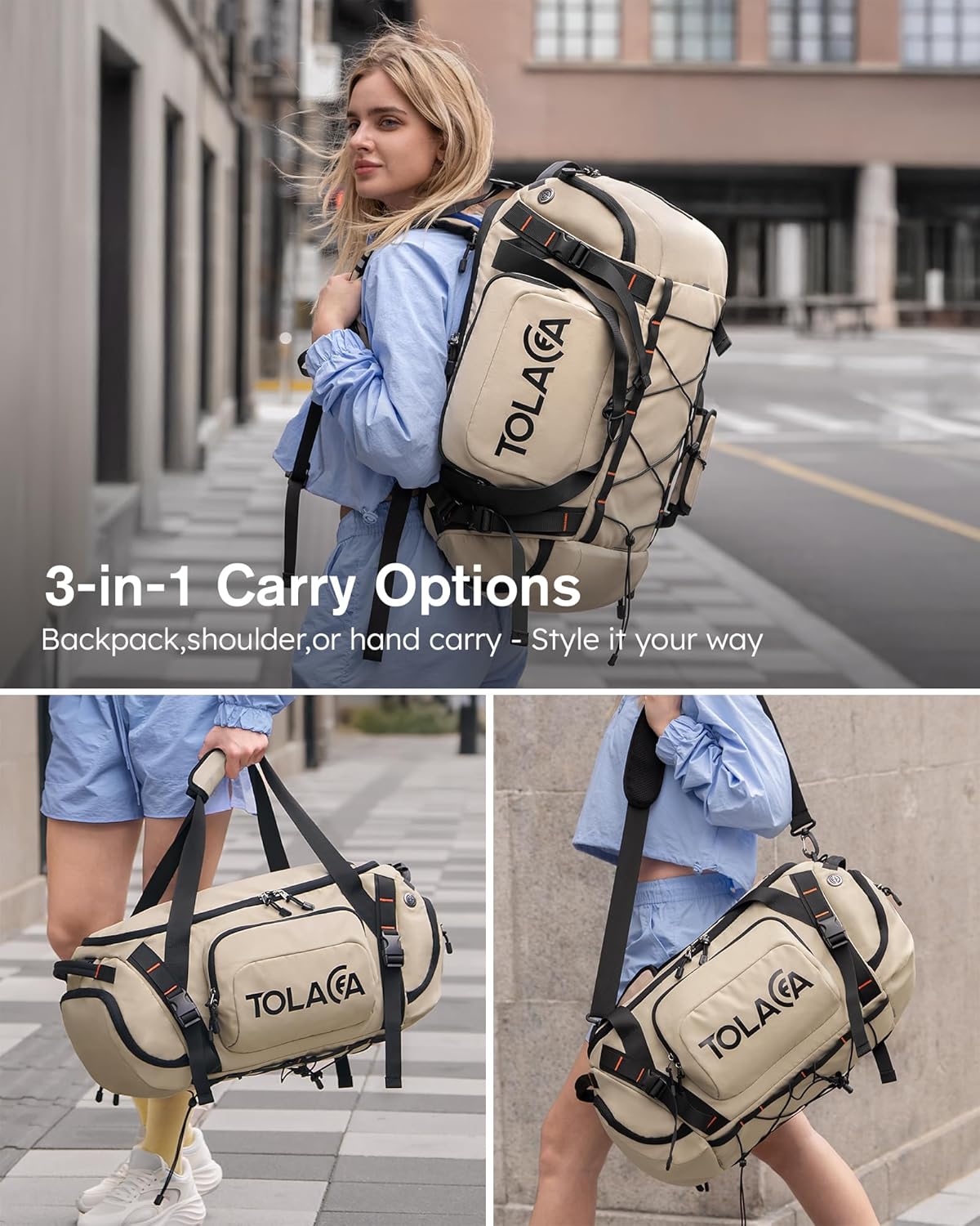 Tolaccea Gym Bag for Men & Women, 40L Duffle Bag Backpack for Travel Sports with Shoe Compartment, Wet Pocket & Extra Laptop Bag for 15.6'', 3-in-1 Sport Workout Duffel Carry On for Airplane (Khaki)