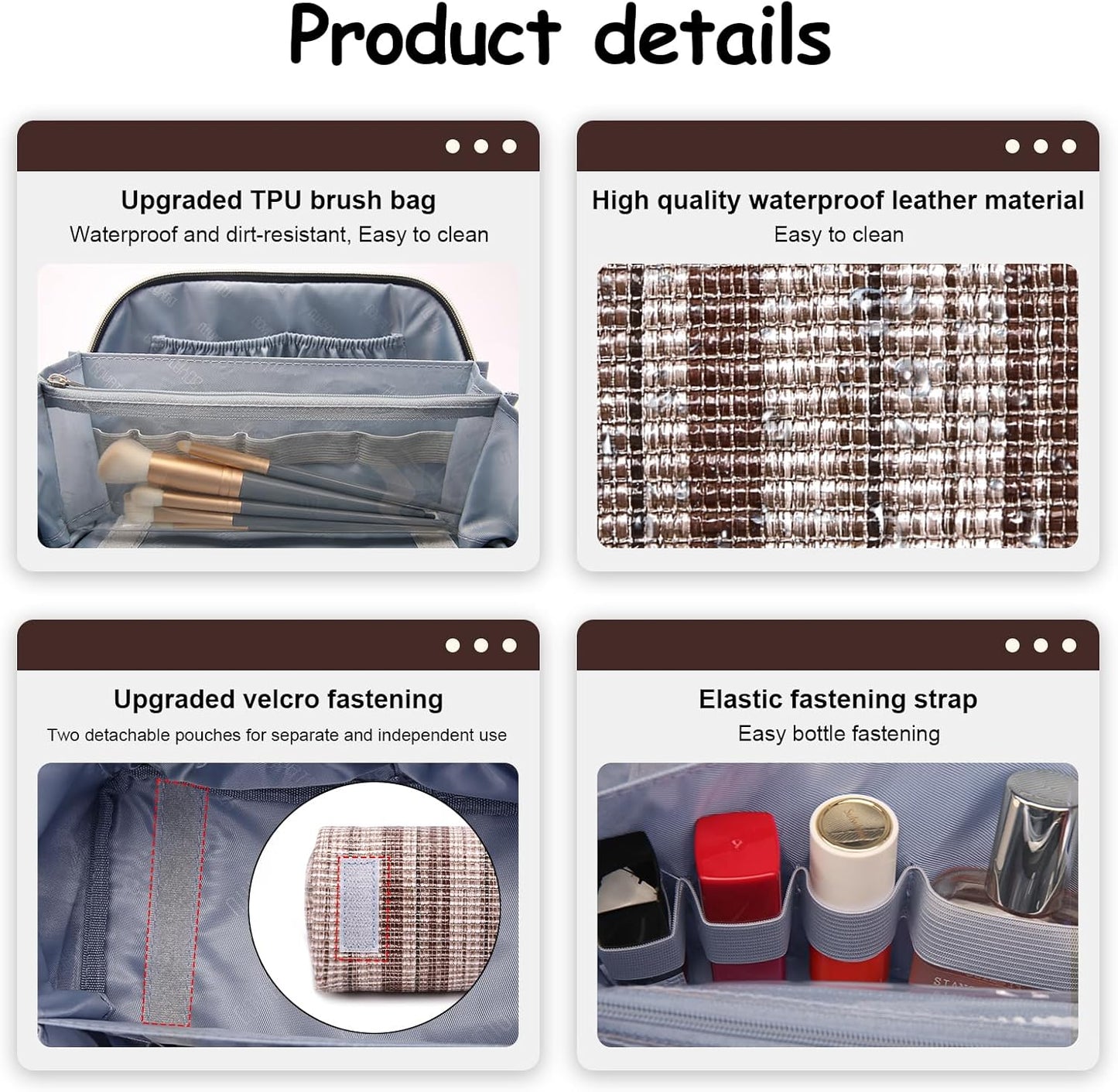 BOYATU Travel Makeup Bag for Women: Large Capacity Open Flat Make up Bag Set of 3 - Vegan Leather Cosmetic Bag with Compartments - Waterproof Toiletry Bag with Handle & Divider(I-5-Brown)