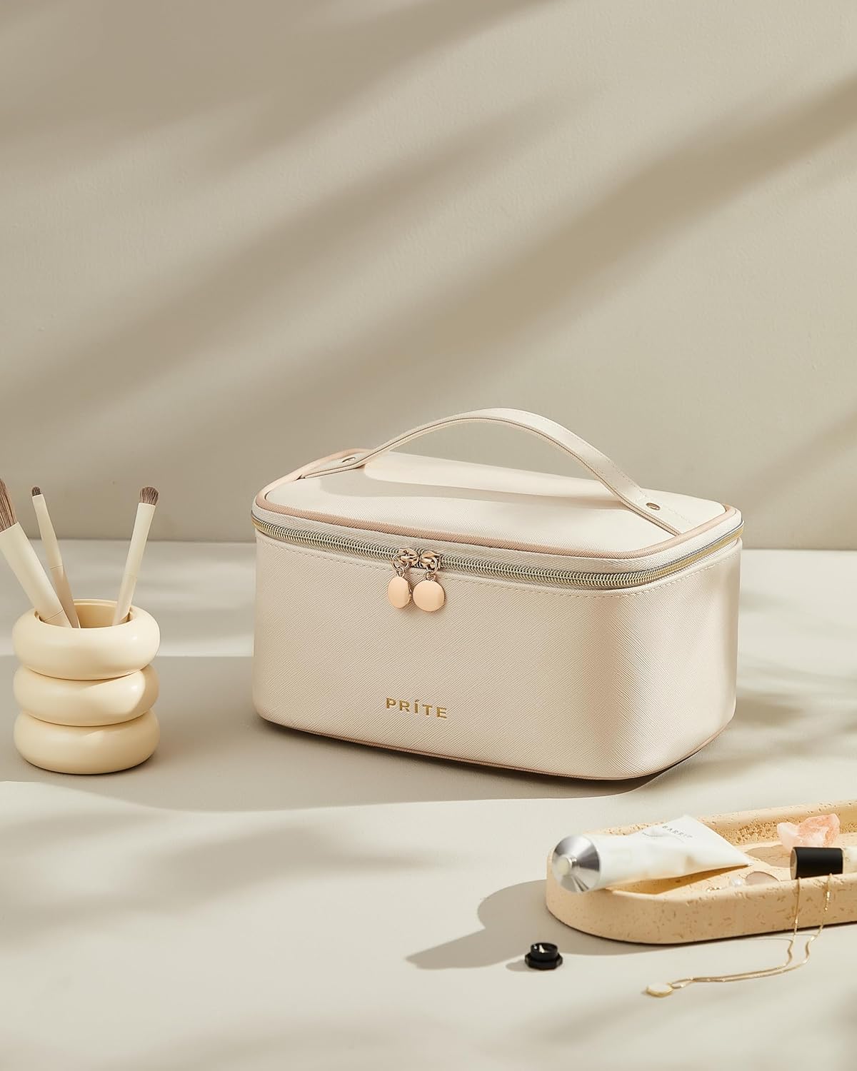 Prite Makeup Bag Portable Cosmetic Organizer with Brush Holder Waterproof Travel Toiletry Bag for Women with Handle and Divider (Beige)