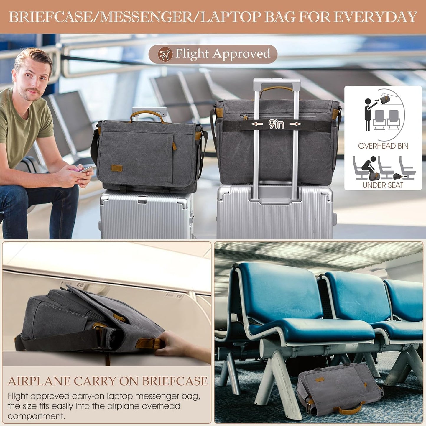 17.3 Inch Messenger Bag for Men: 2PCS Laptop Bag PU Leather Canvas Work Briefcase Large Office