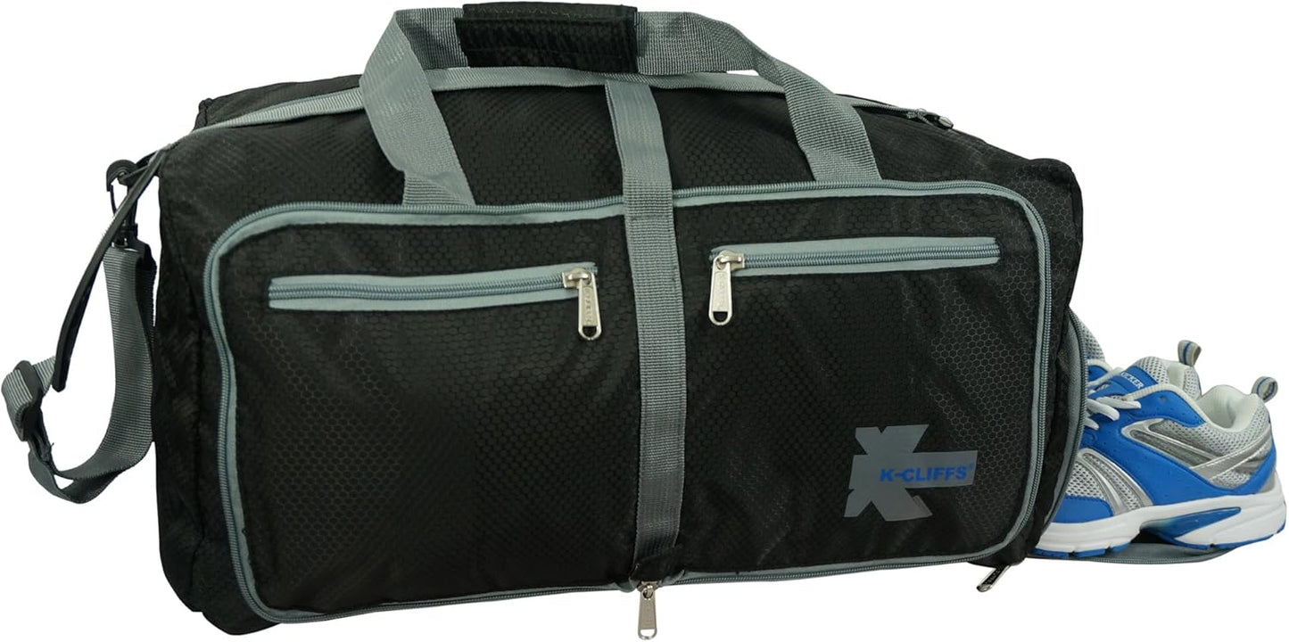 Light Weight Travel Duffel Foldable Heavy Duty Ripstop Sport Tote Gym Bag w/Shoe Pocket Black/Grey Large